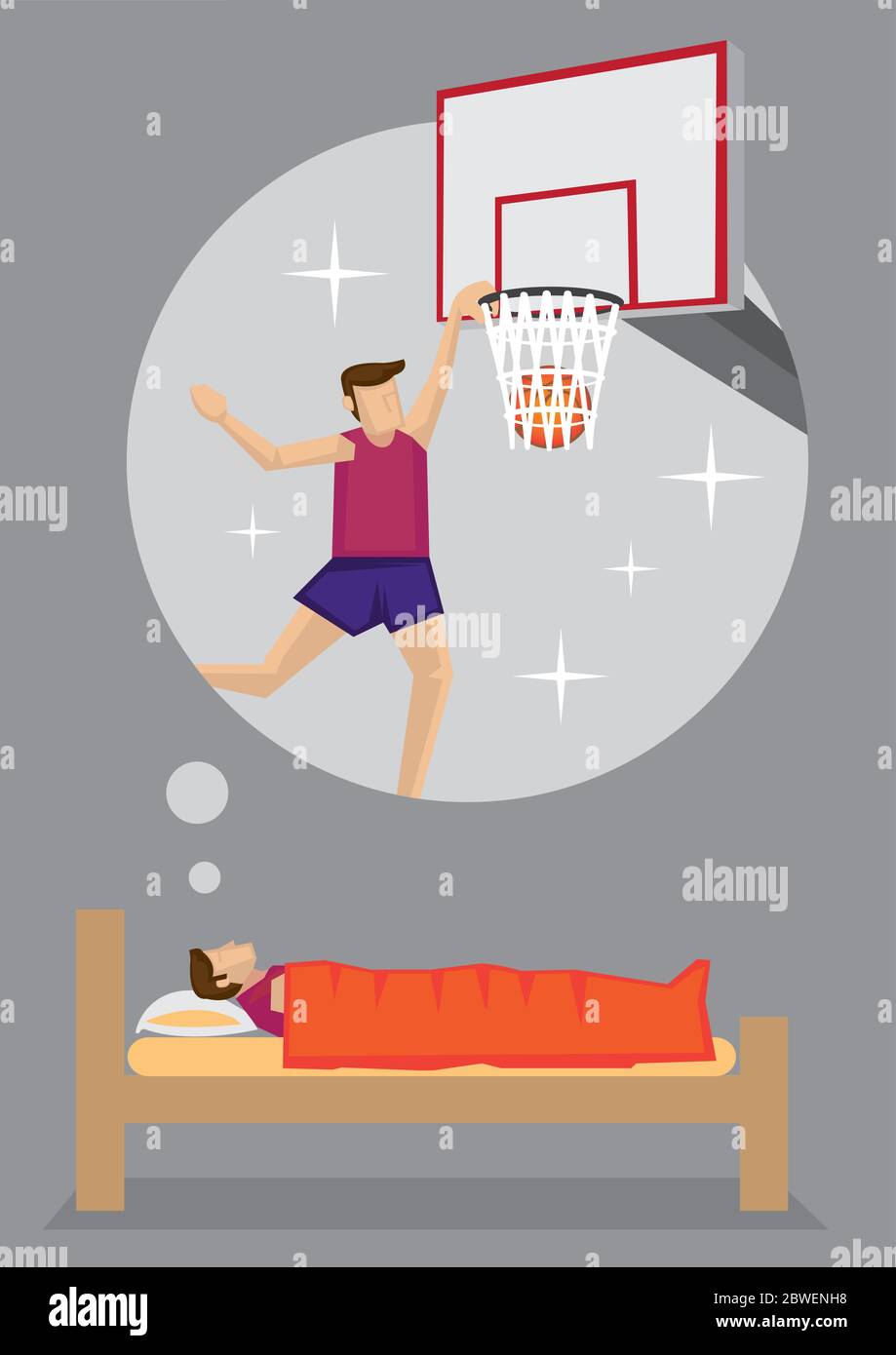 Young man dreaming of becoming a professional basketball player. Cartoon vector illustration on dream and aspiration concept isolated on grey backgrou Stock Vector