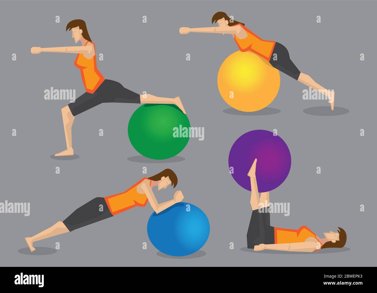Slim sporty woman character using colorful gym ball for exercise routine in fitness program. Set of four vector illustration isolated on grey backgrou Stock Vector