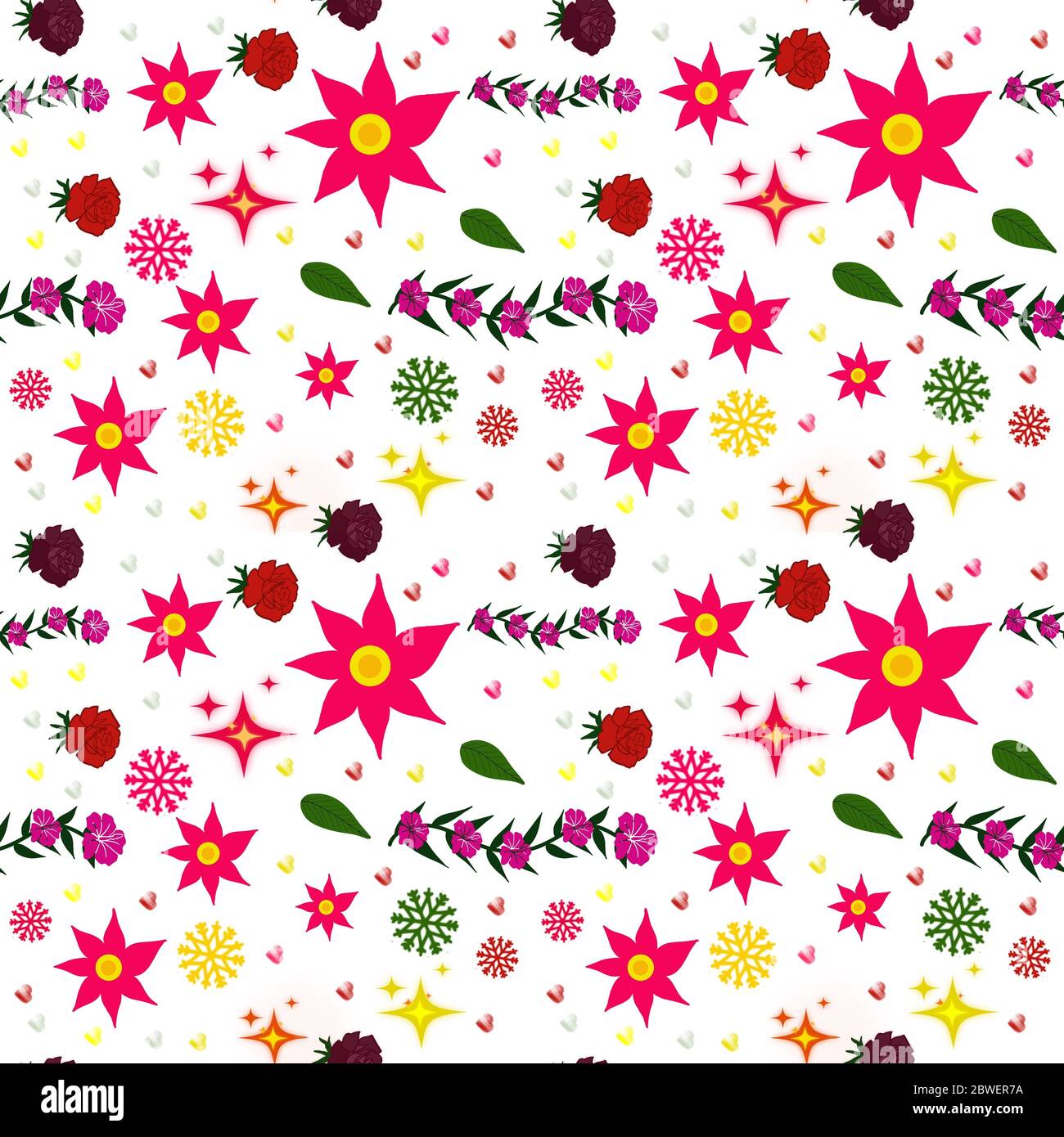 Illustration of seamless pattern of various colorul flowers isolated on white background. High quality illustration Stock Photo