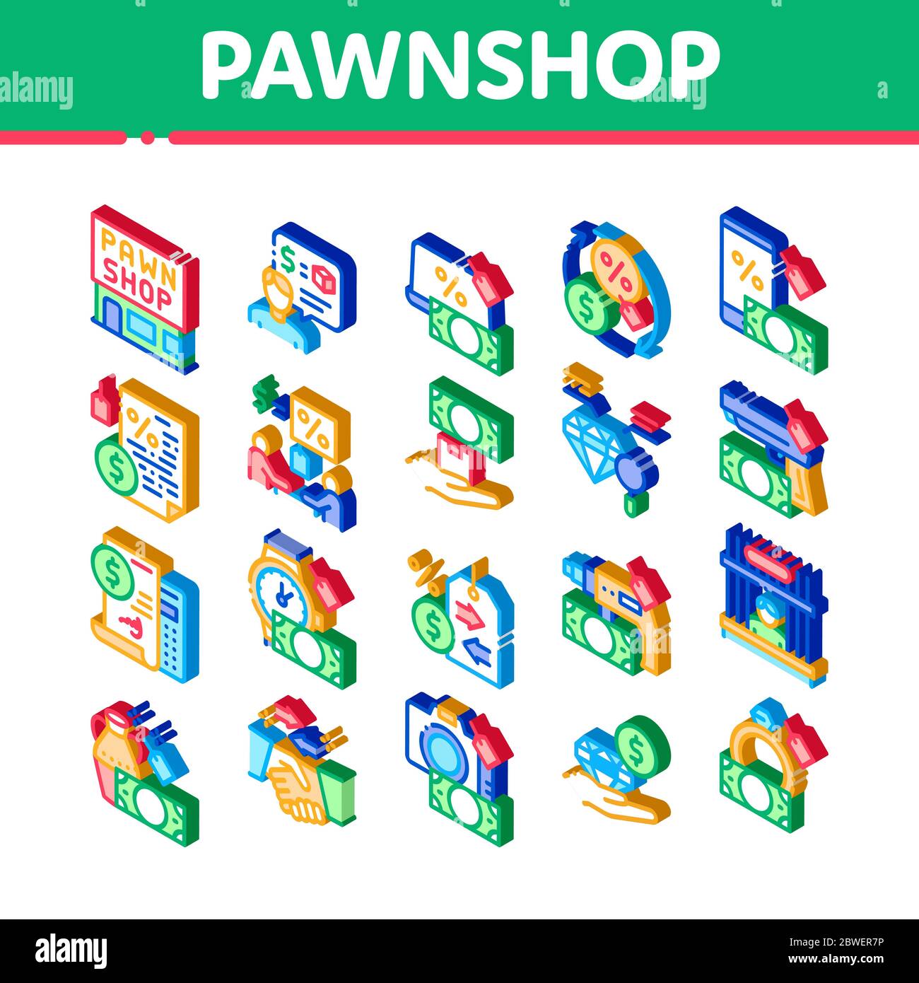 Pawnshop Exchange Isometric Icons Set Vector Stock Vector