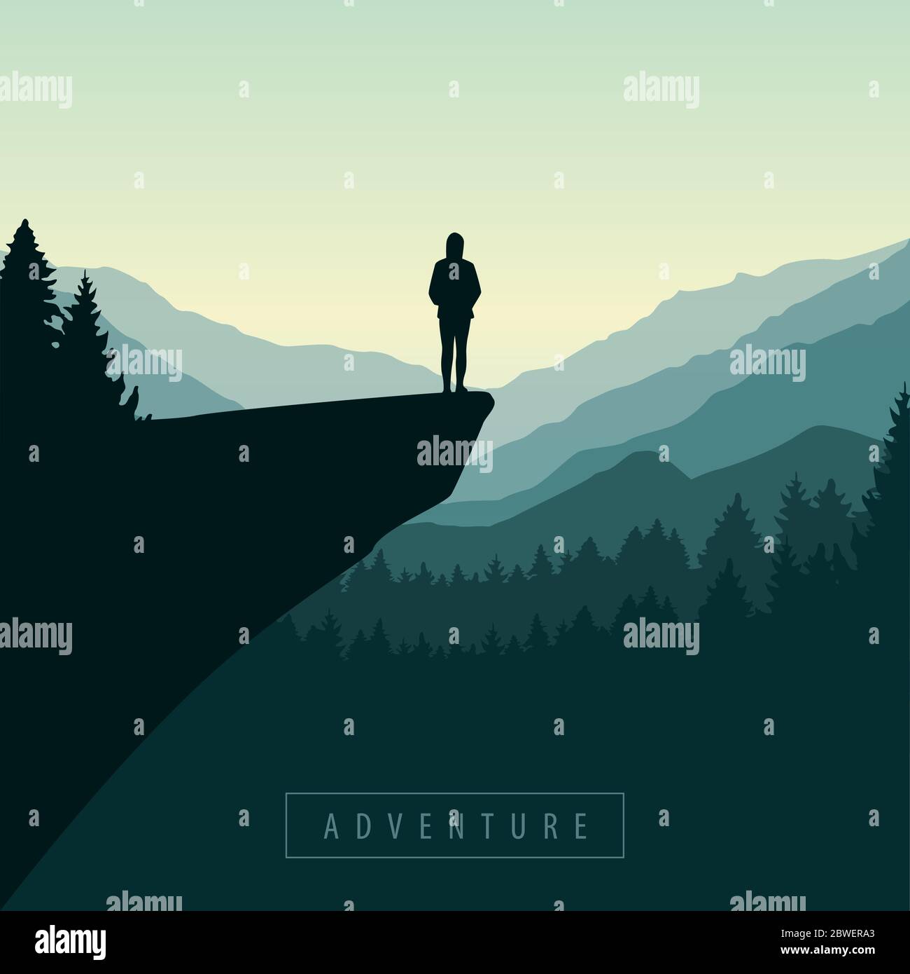 hiking adventure girl on a cliff in at sunrise with mountain view