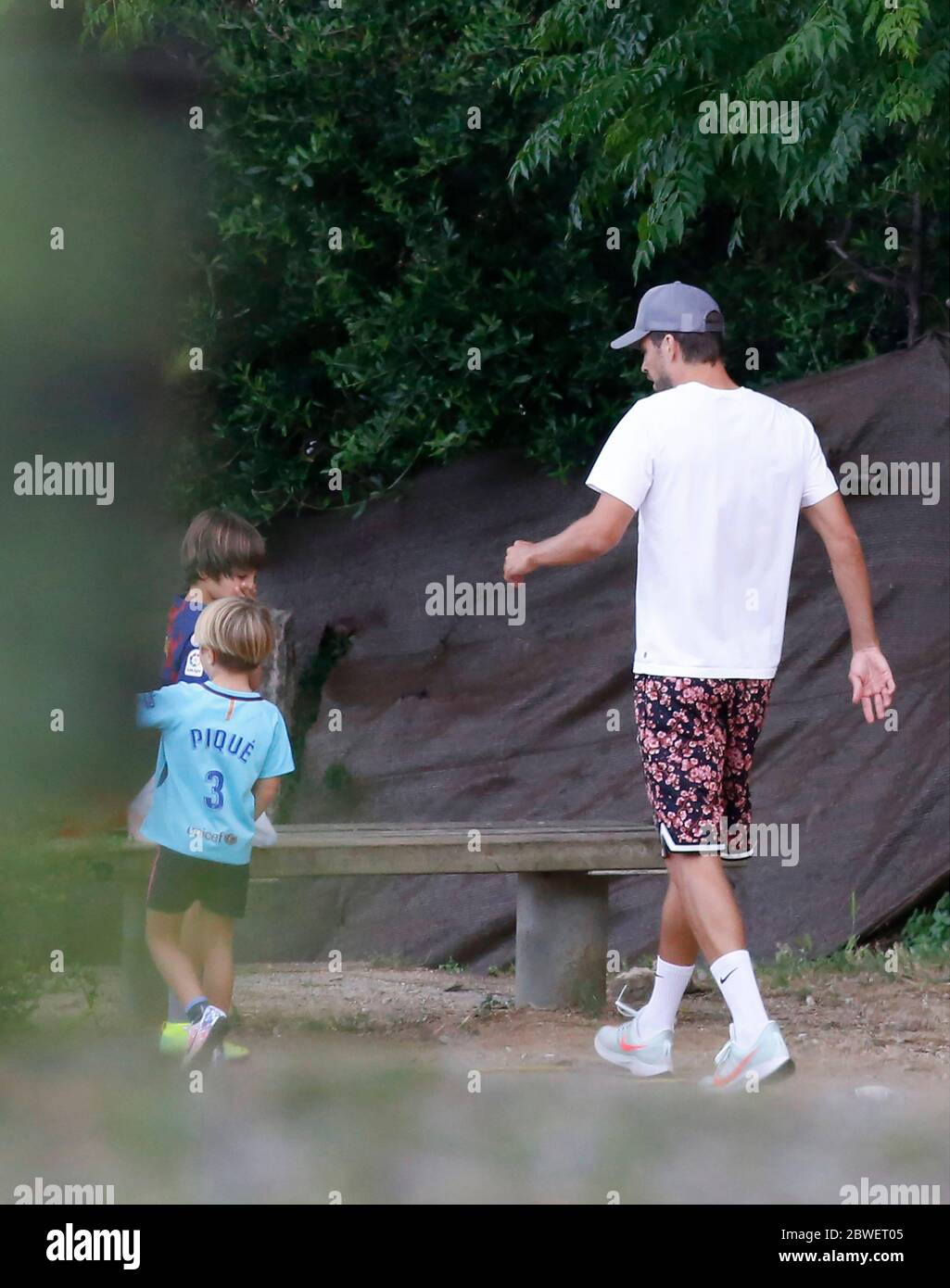 Gerard Pique, FC Barcelona player and husband of Shakira, is seen while  conducting a soccer training session for his sons Sasha Pique and Milan  Pique in a park in the city of