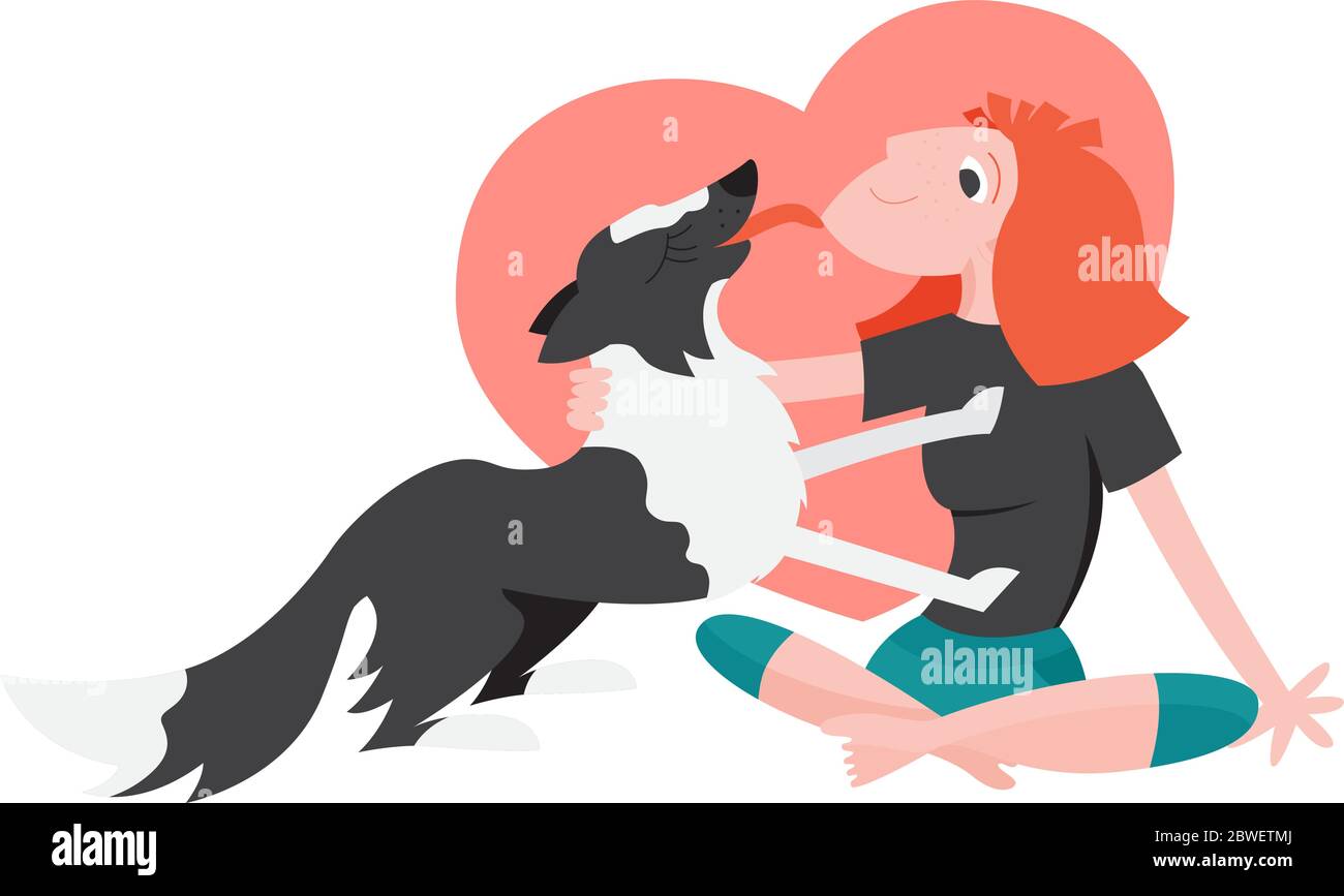 Young redhead woman stroke a dog. Black and white border collie licking its owners face. Stock Vector