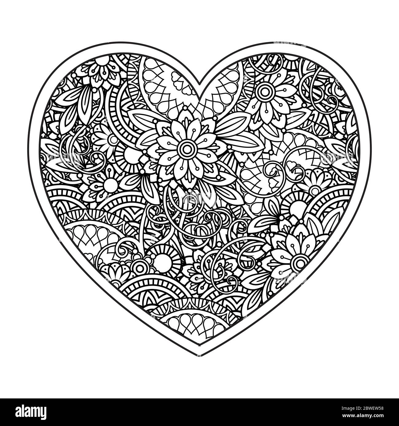Heart with floral pattern. Valentines day adult coloring page. Vector illustration. Isolated on white background Stock Vector