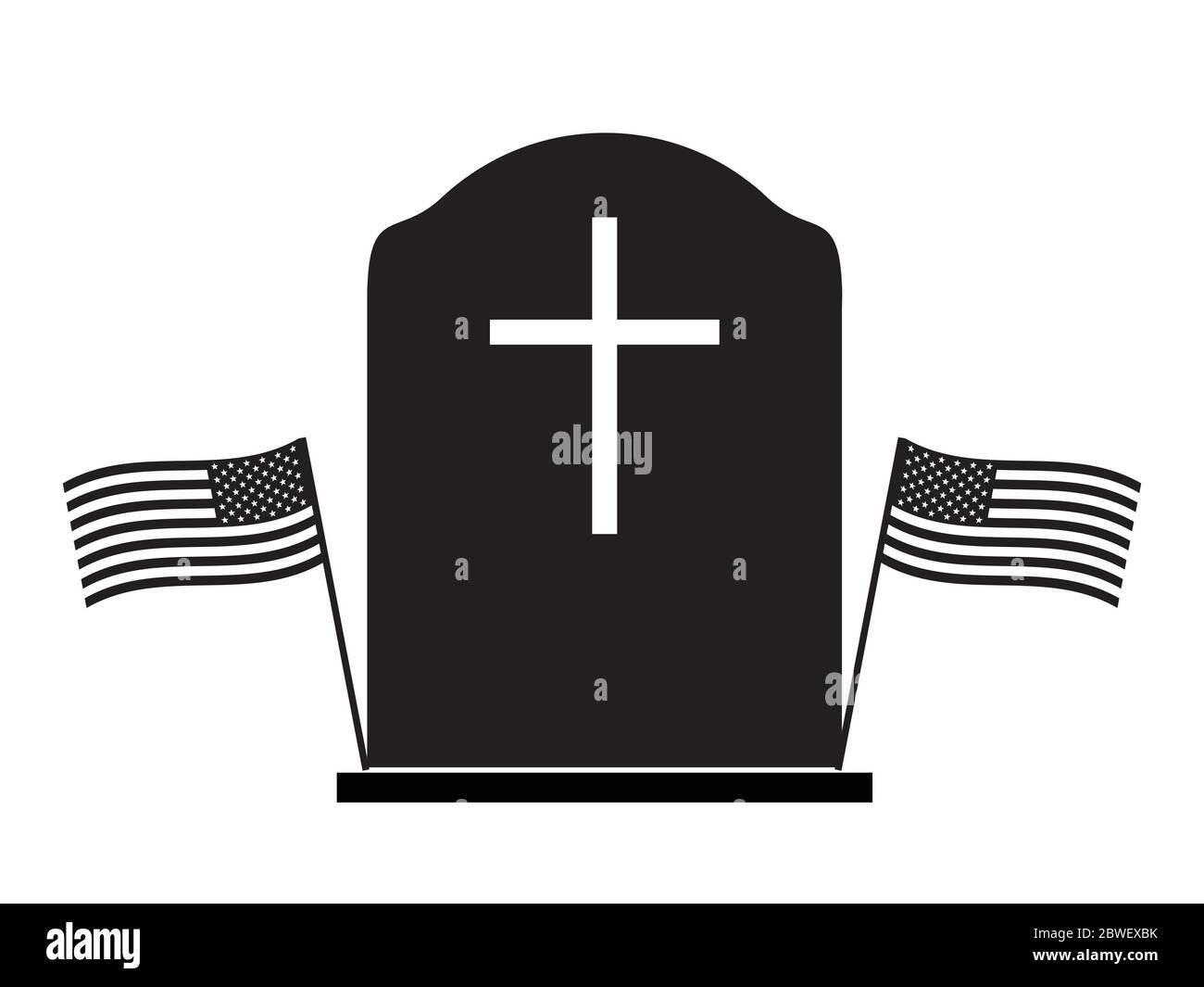 Memorial Day Tombstone with Two US Flags. Black and white pictogram depicting tombstone with two American Flags beside. Vecor File Stock Vector