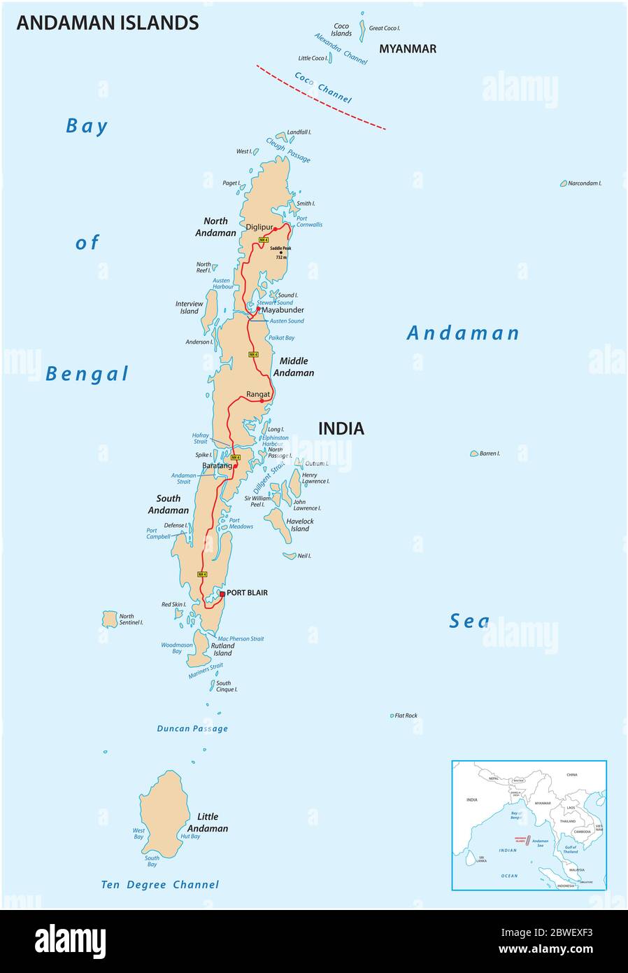 vector map of the Indian archipelago of the Andaman Islands Stock Vector