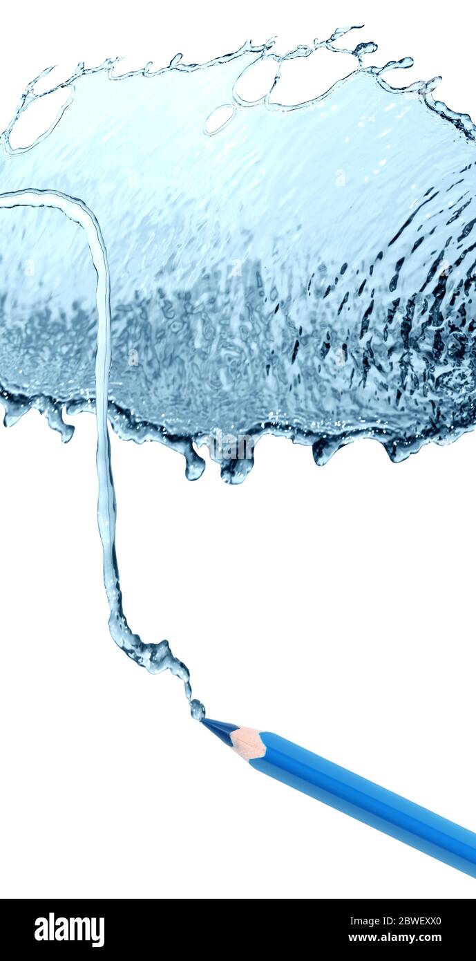 Blue pencil draws nice water splash on white background Stock Photo