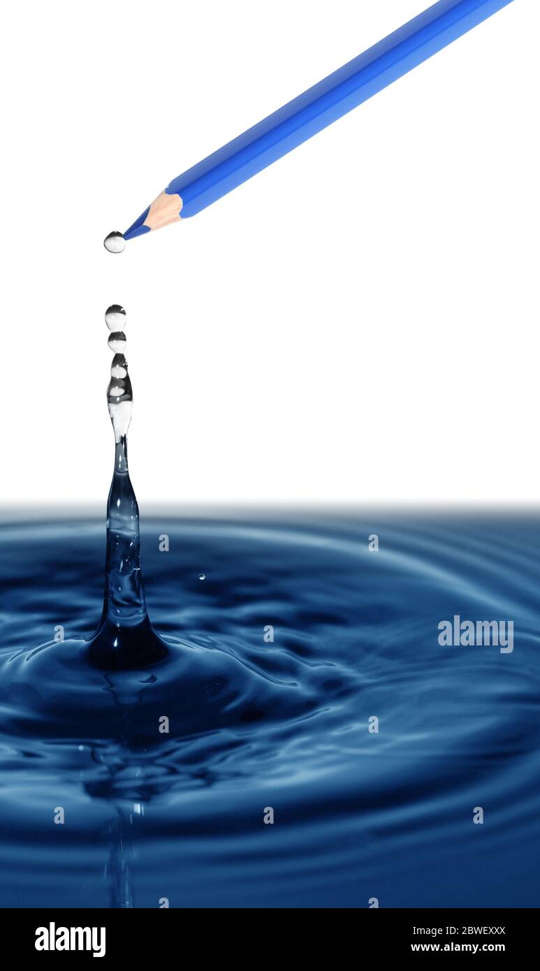 Blue pencil draws nice water splash on white background Stock Photo