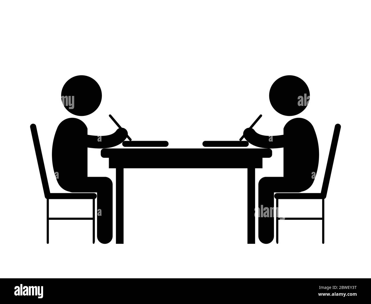 Two Students Studying Writing on Desk Opposite Each Other. Black and White Vecor File Stock Vector