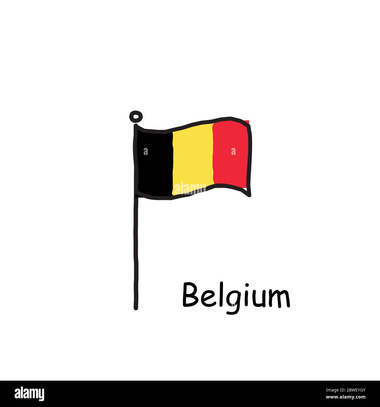 hand drawn sketchy Belgium flag on the flag pole. three color flag ...