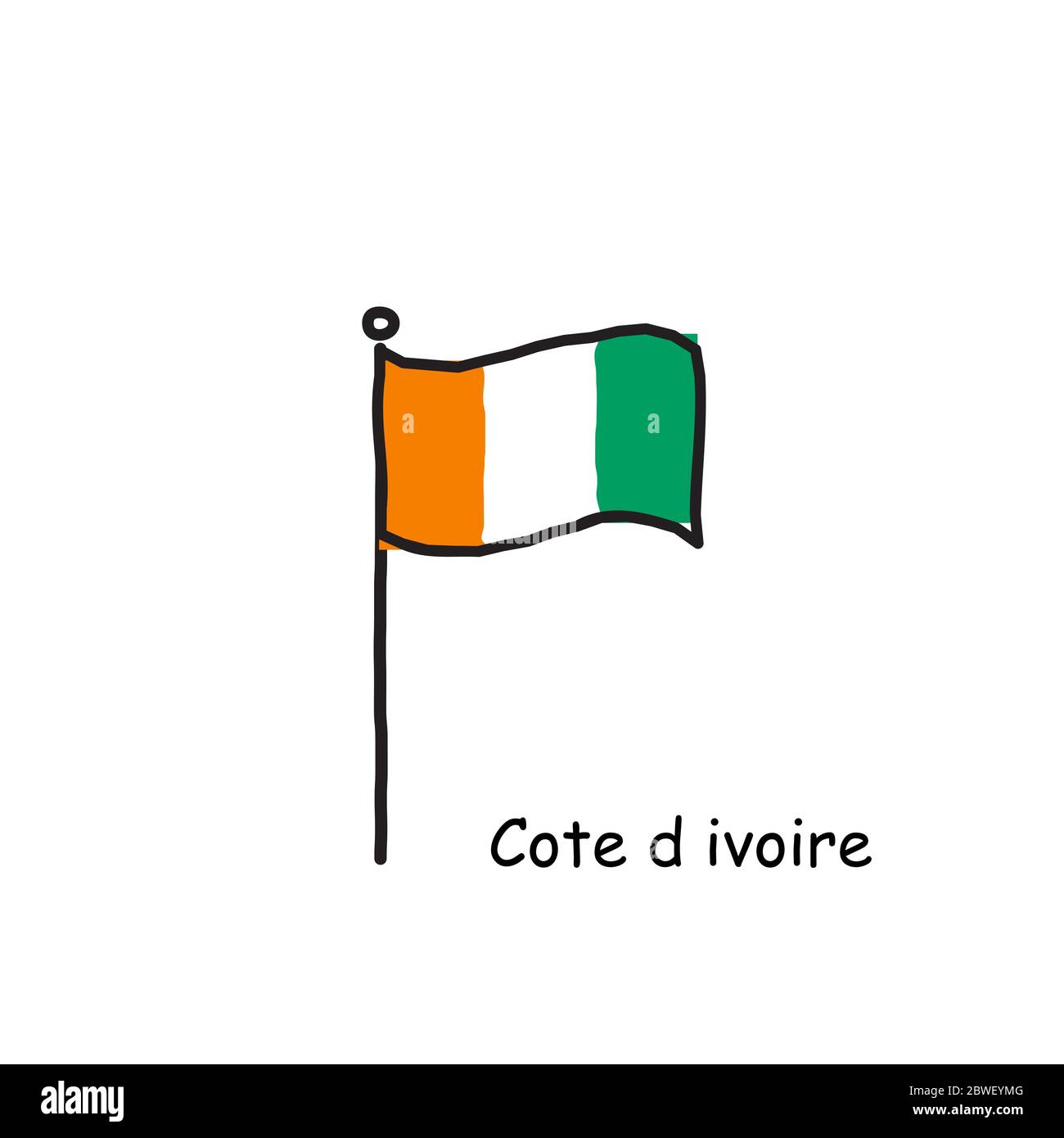 hand drawn sketchy Cote d ivoire flag on the flag pole. three color ...