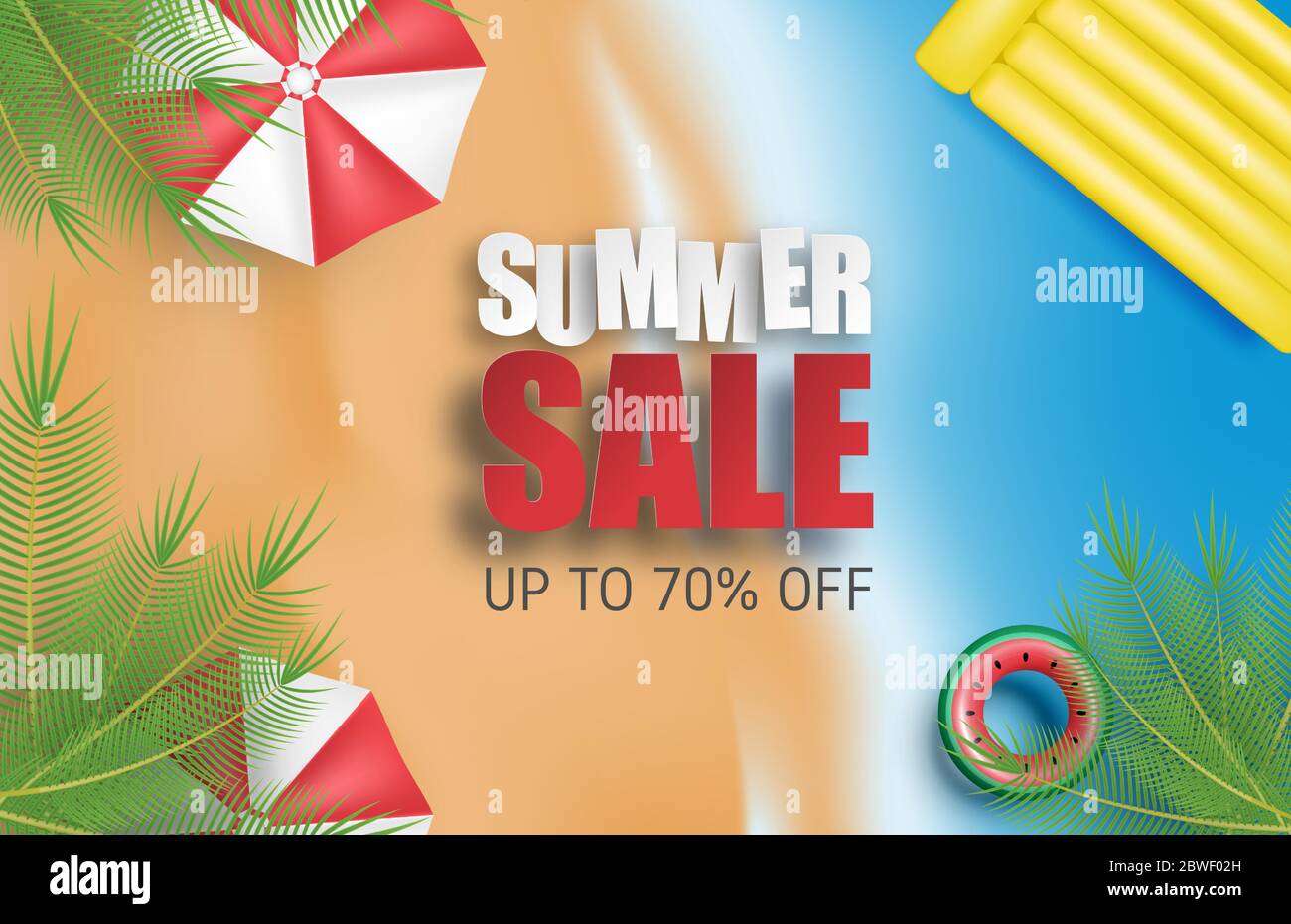 Summer sale background with umbrella, swim ring, palm tree, beach and ...