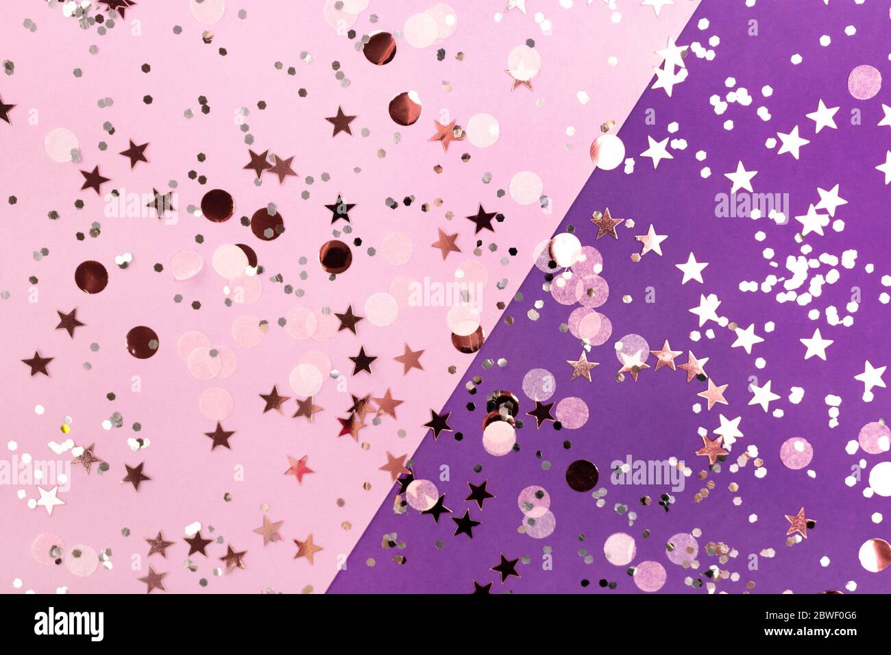 Rose gold confetti texture on a purple pastel background. Festive shiny ...