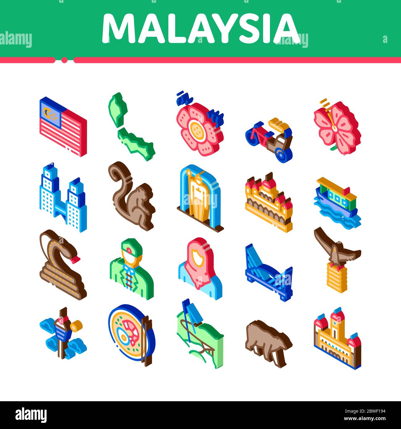 Malaysia National Isometric Icons Set Vector Stock Vector