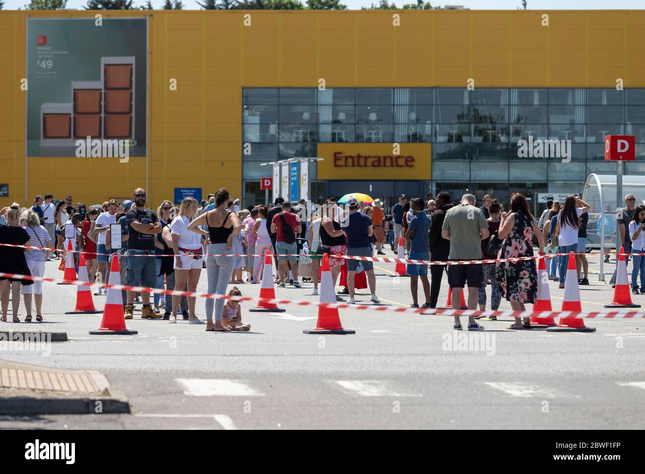 Thurrock, Essex, UK. 1st June 2020. Hundreds queue for the reopening of IKEA at Lakeside