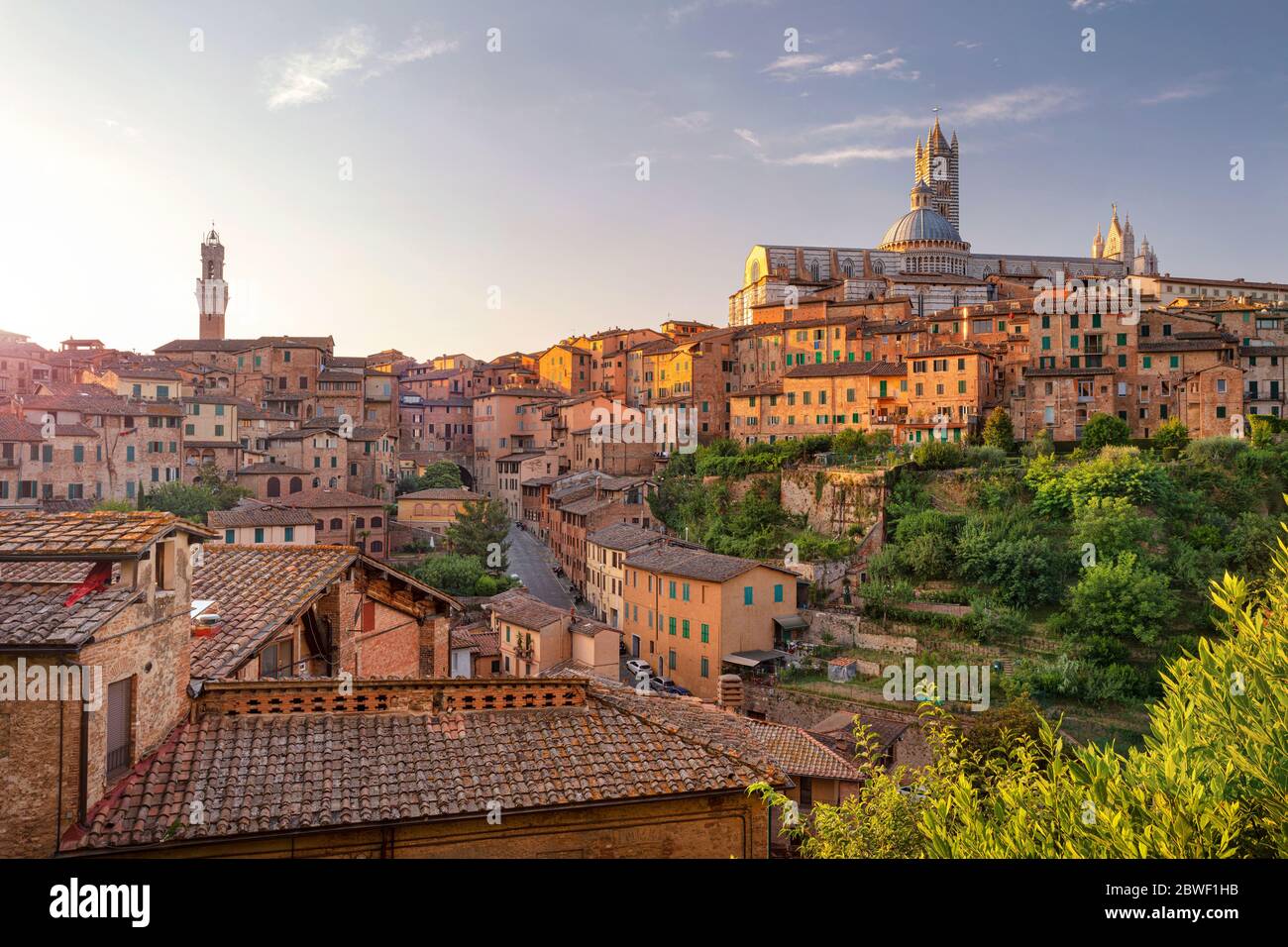 Siena. Aerial cityscape image of medieval city of Siena, Italy during sunset. Stock Photo