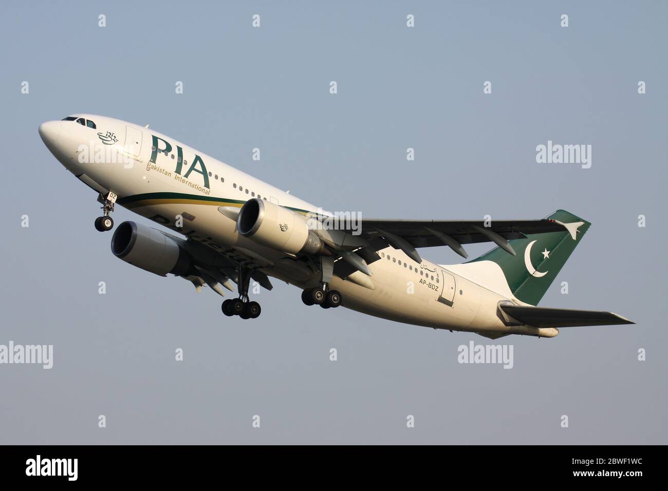 PIA Pakistan International Airlines Airbus A310-300 with registration AP-BDZ just airborne at Amsterdam Airport Schiphol. Stock Photo