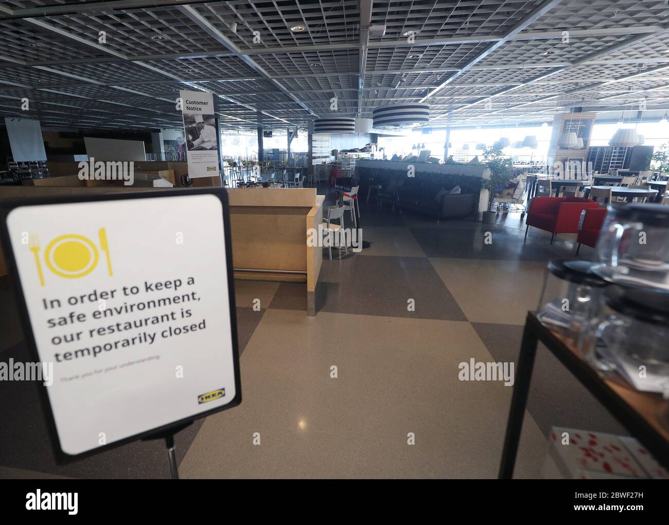 The restaurant which remains closed inside the IKEA Tottenham store in Edmonton, north London, as it reopens to the public following the introduction of measures to bring England out of lockdown. Stock Photo