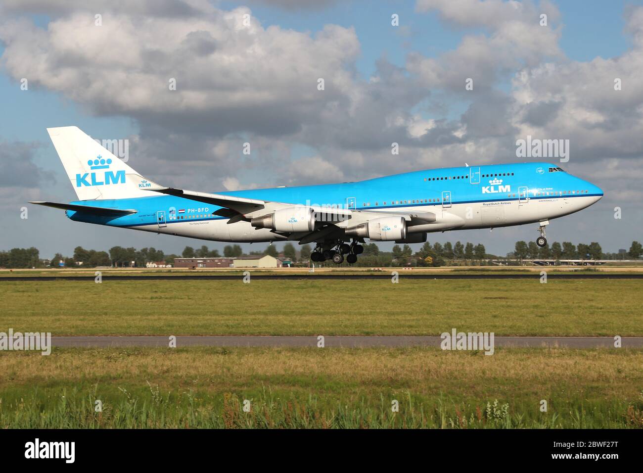 Dutch KLM Boeing 747-400 with registration PH-BFD on short final for runway 18R (Polderbaan) of Amsterdam Airport Schiphol. Stock Photo