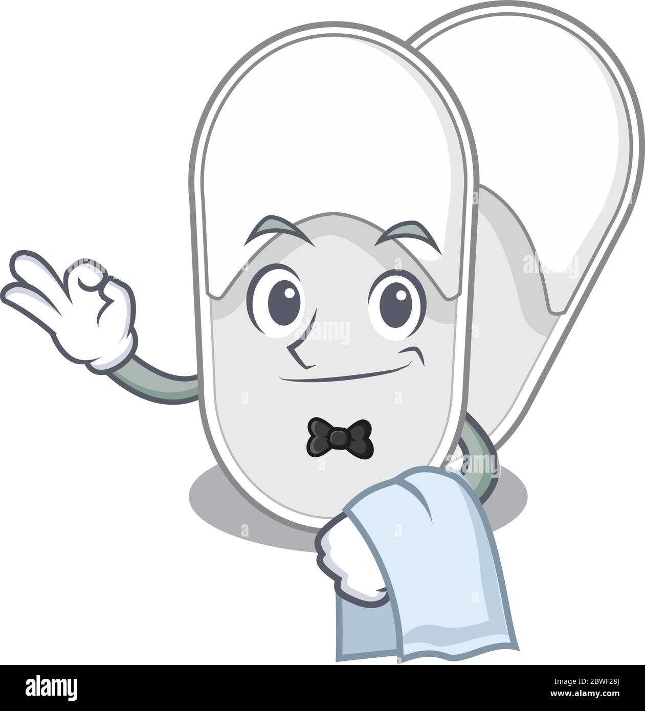 A cartoon picture of hotel slippers waiter with a white napkin Stock Vector