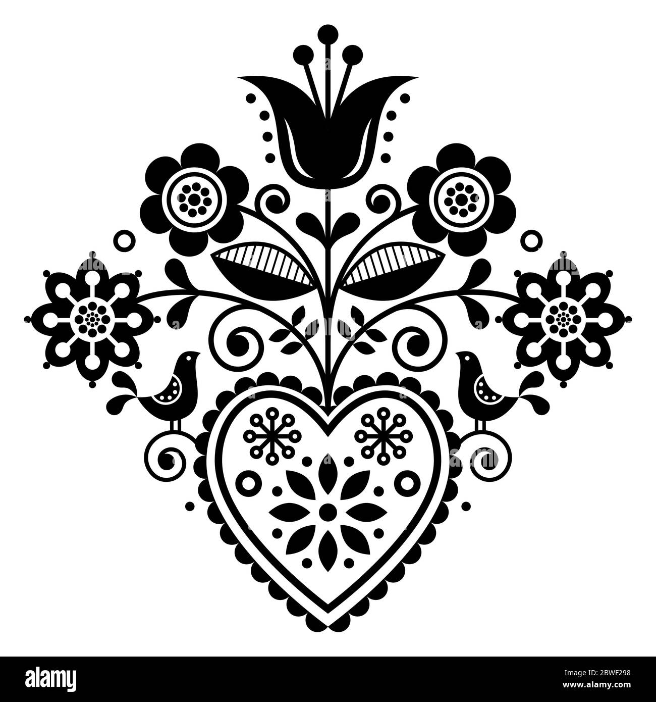 Scandinavian retro folk art floral, vector design in black and white, Nordic pattern with birds and flowers Stock Vector
