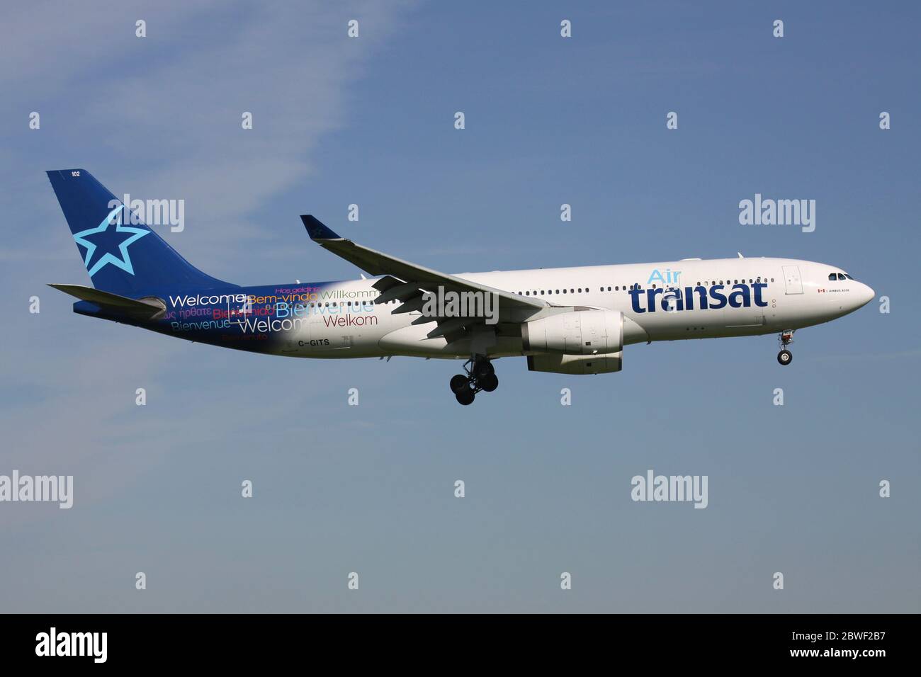 Canadian Air Transat Airbus A330-200 with registration C-GITS on short final for Amsterdam Airport Schiphol. Stock Photo
