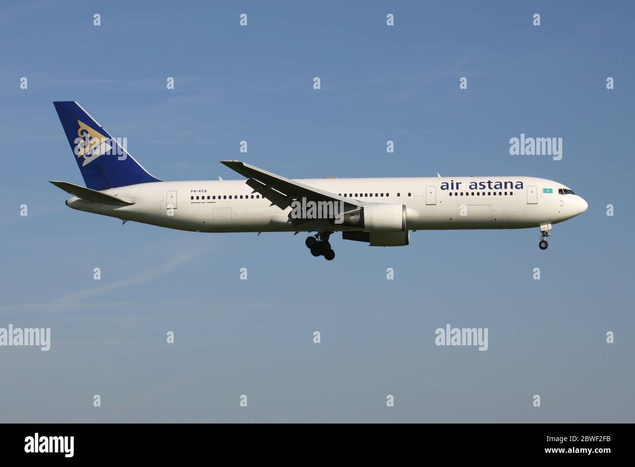 Kazakh Air Astana Boeing 767-300 with registration P4-KCA on short final for Amsterdam Airport Schiphol. Stock Photo