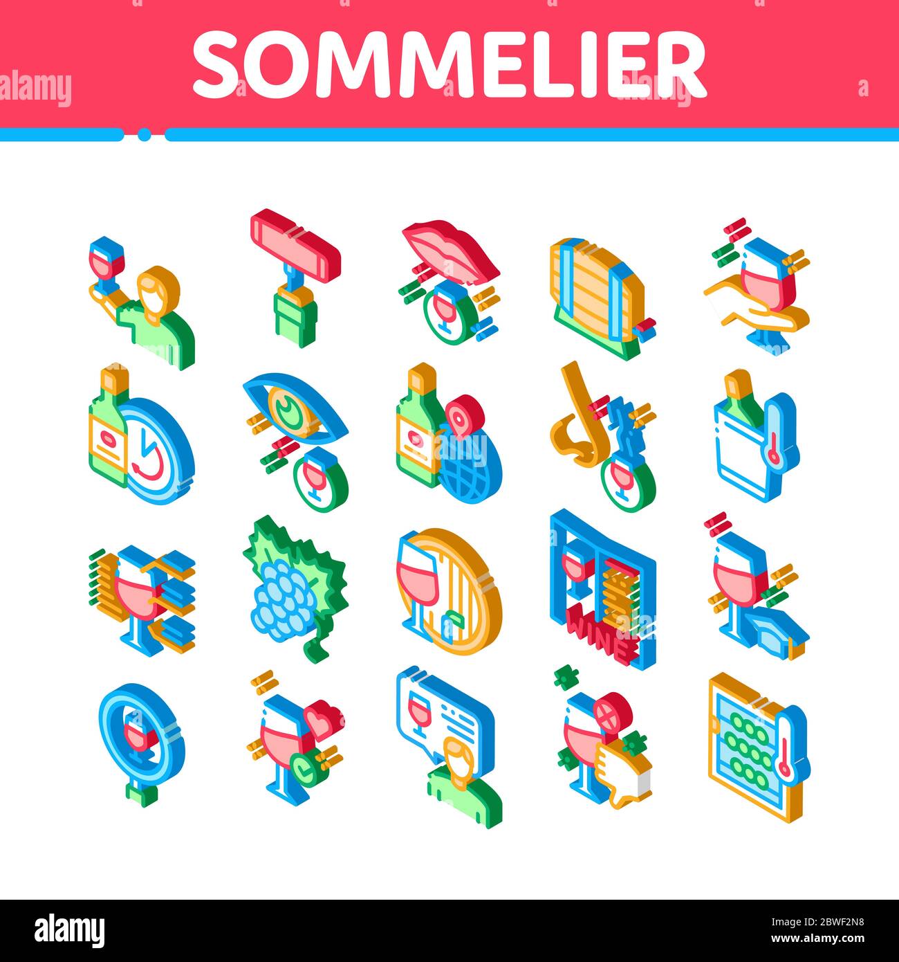 Sommelier Wine Tasting Isometric Icons Set Vector Stock Vector