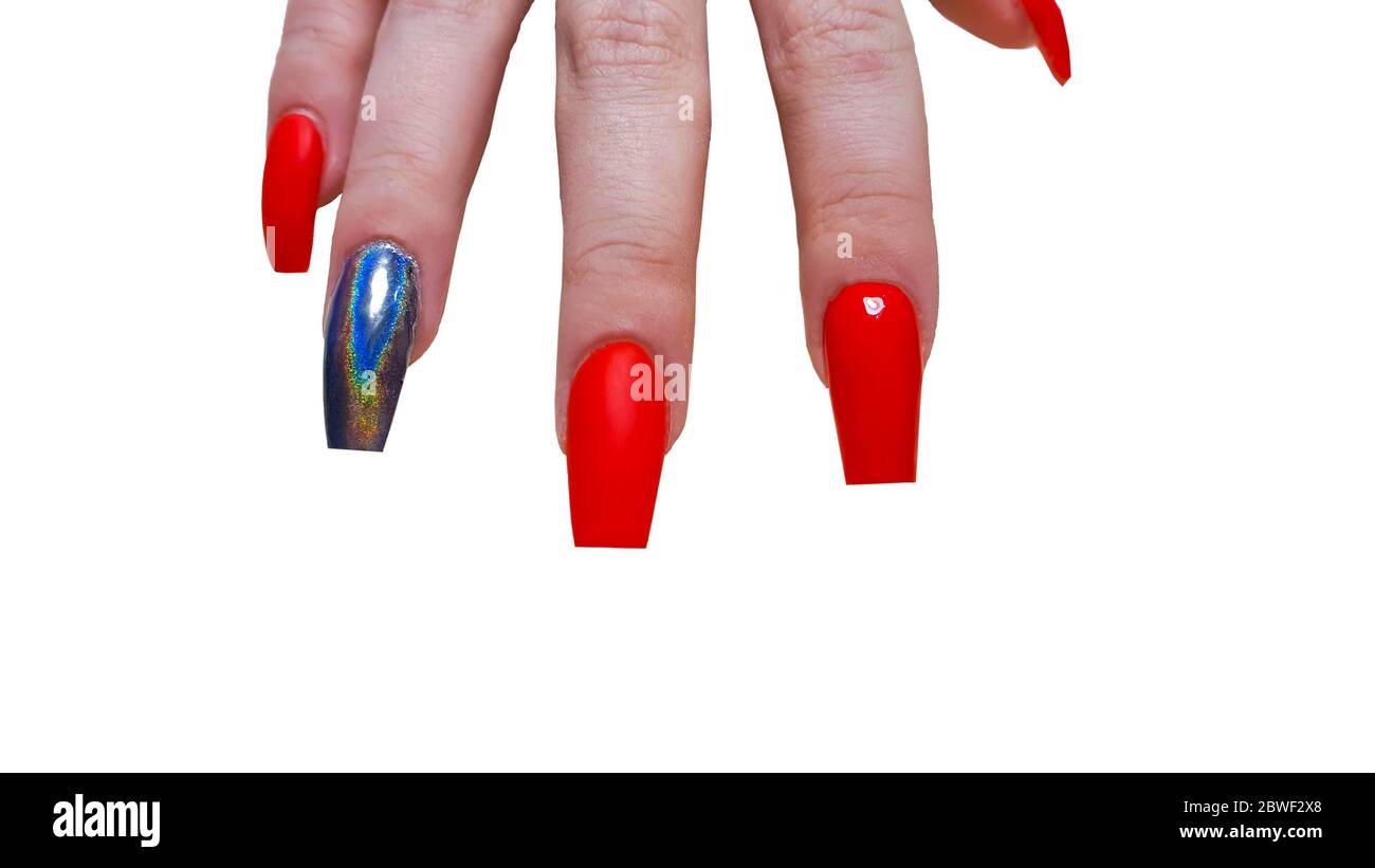 Manicure, nail extension, design with red varnish and mirror polish