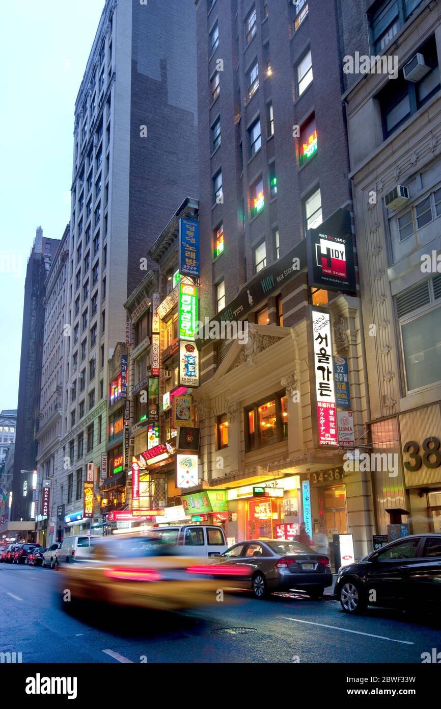 Midtown Manhattan, New York City, New York, United States - Neon signs at Korea town also known as Korea way. Stock Photo