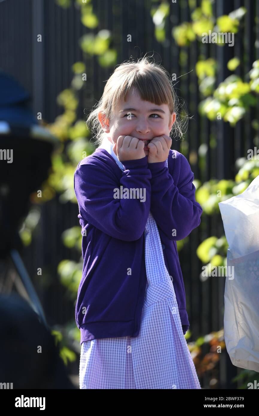 Grace returns to classes at Queen's Hill Primary School, Costessey, Norfolk, as pupils in Reception, Year 1 and Year 6, begin to return to school as part of a wider easing of lockdown measures. Stock Photo