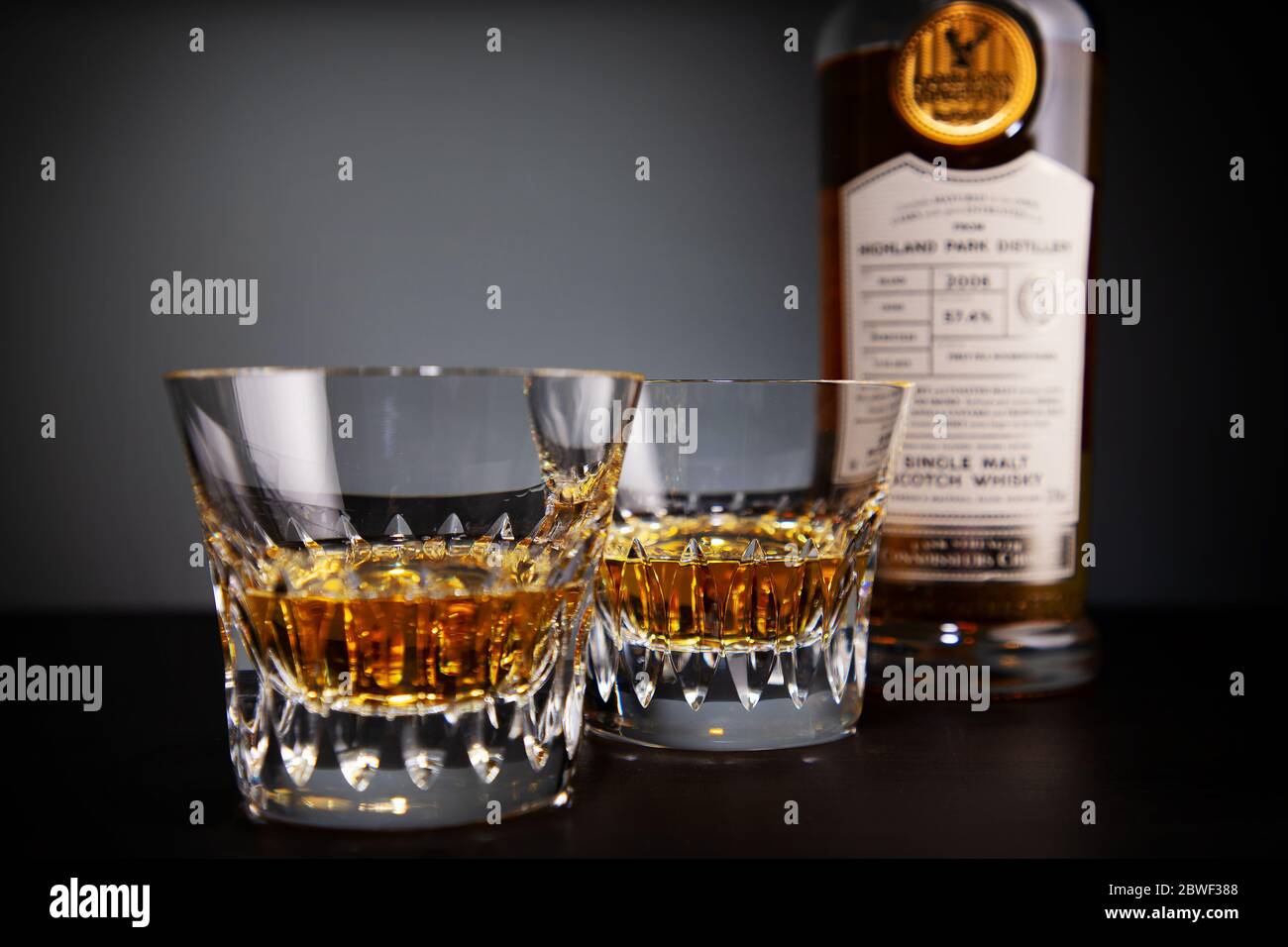 Gordon & MacPhail single malt Whisky with Baccarat glasses. Stock Photo