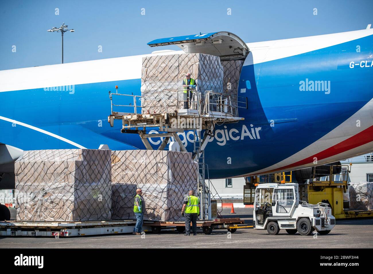 CargoLogicAir flight CLU 5694 lands at Prestwick Airport with a consignment of NHS medical supplies and PPE from China as Scotland is moving into phase one of the Scottish Government's plan for gradually lifting lockdown. Stock Photo