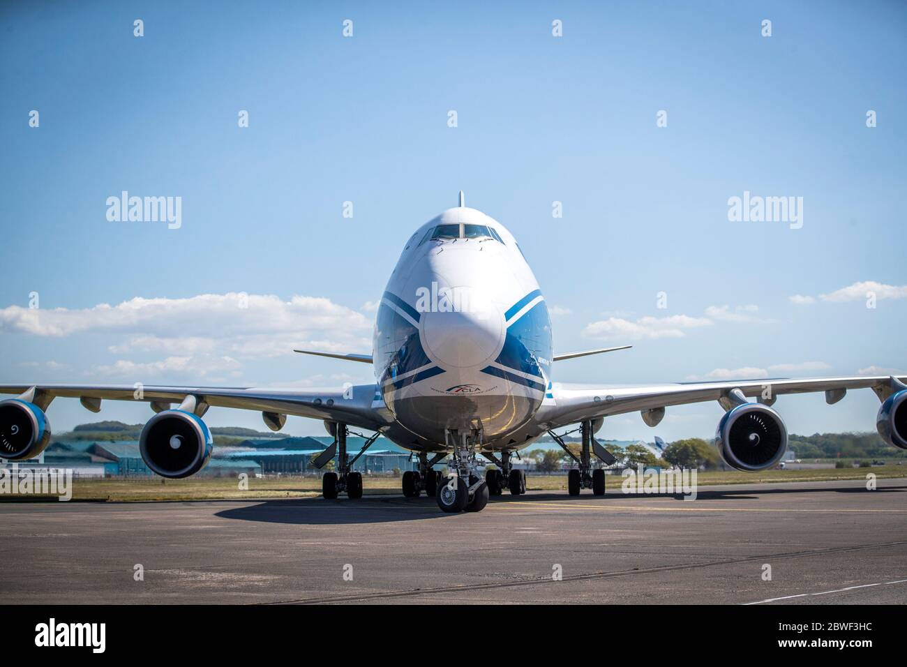 CargoLogicAir flight CLU 5694 lands at Prestwick Airport with a consignment of NHS medical supplies and PPE from China as Scotland is moving into phase one of the Scottish Government's plan for gradually lifting lockdown. Stock Photo