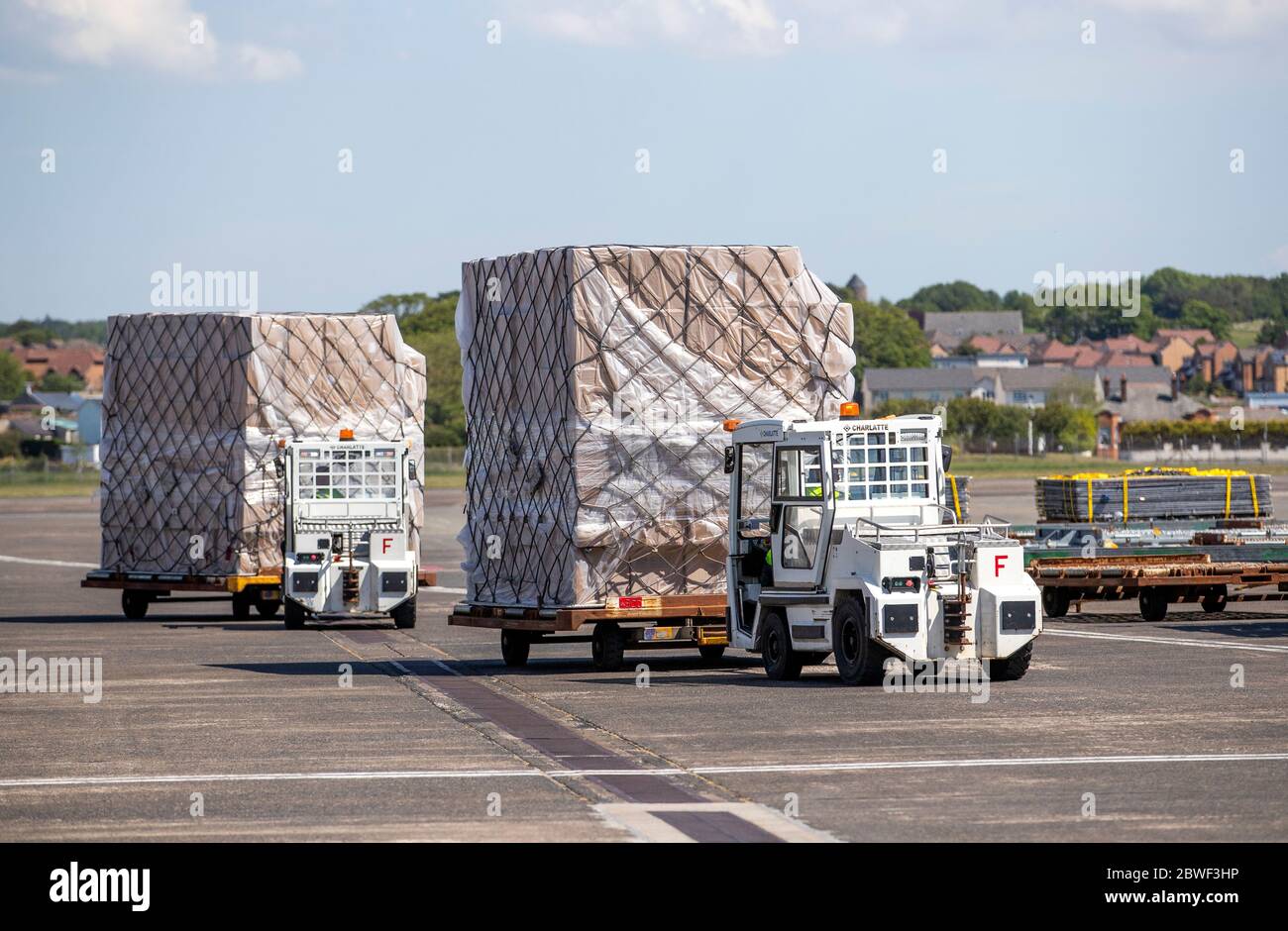 CargoLogicAir flight CLU 5694 lands at Prestwick Airport with a consignment of NHS medical supplies and PPE from China as Scotland is moving into phase one of the Scottish Government's plan for gradually lifting lockdown. Stock Photo