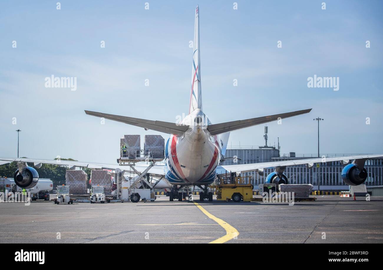 CargoLogicAir flight CLU 5694 lands at Prestwick Airport with a consignment of NHS medical supplies and PPE from China as Scotland is moving into phase one of the Scottish Government's plan for gradually lifting lockdown. Stock Photo