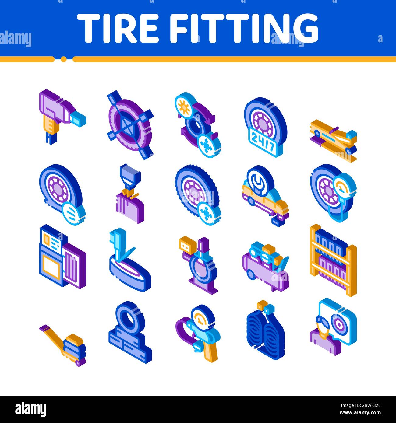 Tire Fitting Service Isometric Icons Set Vector Stock Vector