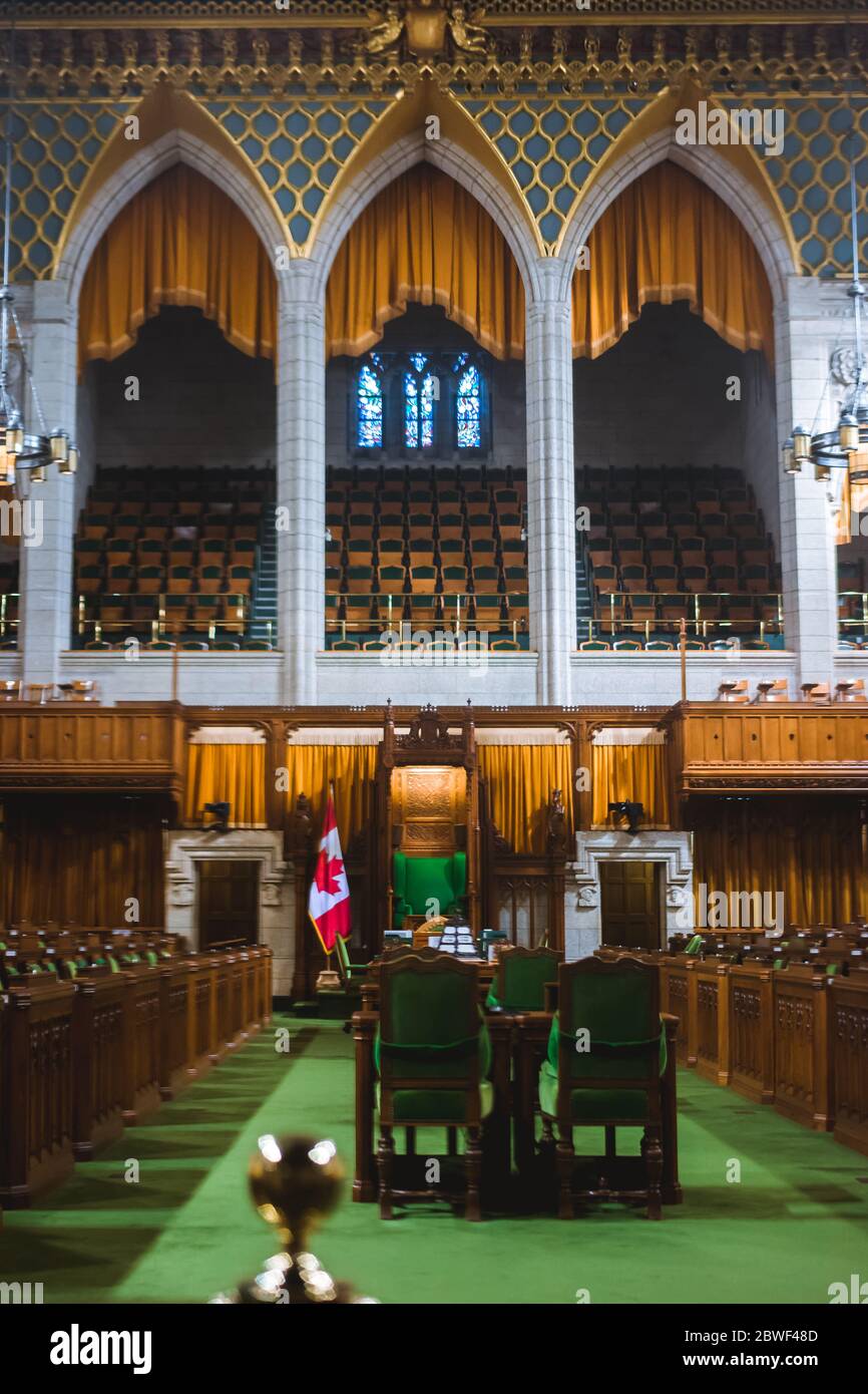 Ottawa, Canada, Oct 9, 2018: Interior of House of Commons in the Parliament Building Stock Photo