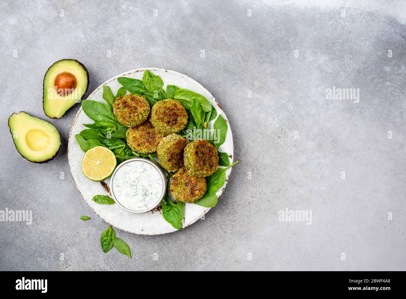 Veggie Falafel Patties With Yogurt Sauce. Healthy Vegetable Avocado