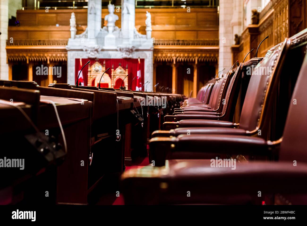 Ottawa, Canada, Oct 9, 2018: Interior of the Senate Chamber in the Canadian Parliament - inside the East Wing of Centre Block Stock Photo