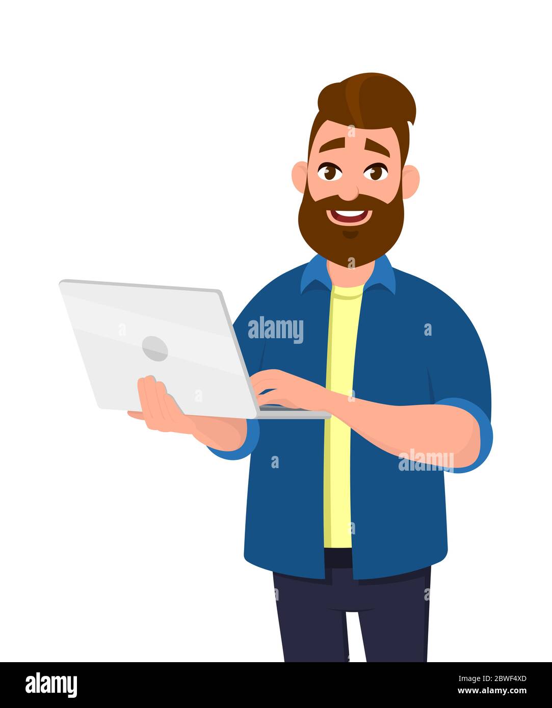 Successful young man holding/using laptop computer (PC). Laptop computer technology concept in vector illustration style. Stock Vector