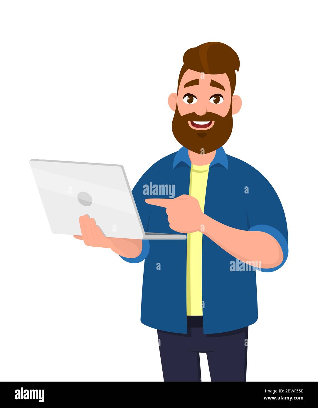 Successful young man holding laptop computer (PC) and pointing towards that. Laptop computer technology concept in vector illustration style. Stock Vector