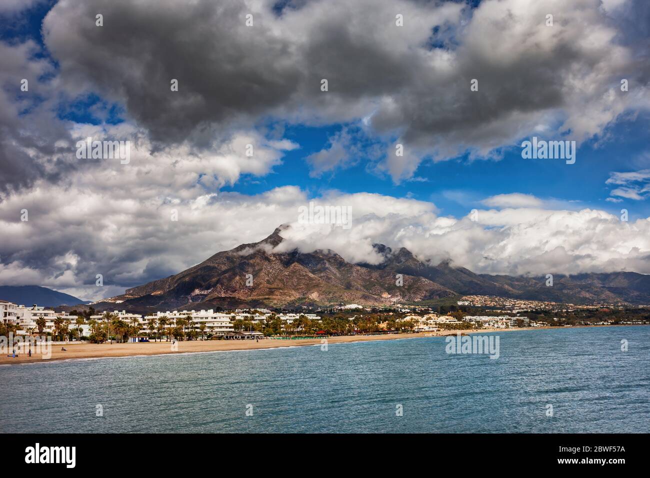 Costa del Sol Spanish coast, sea view to beach and La Concha Mountain in Marbella, Andalusia, Malaga Province, Spain Stock Photo