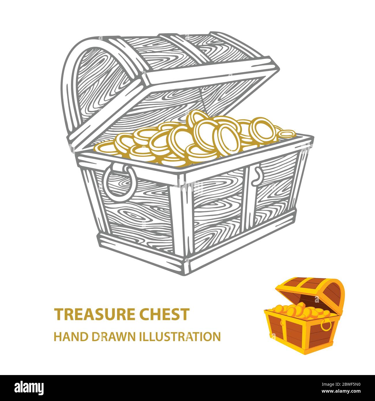 Treasure chest with golden coins. Hand drawn opened wooden pirate chests vector illustration. Stock Vector