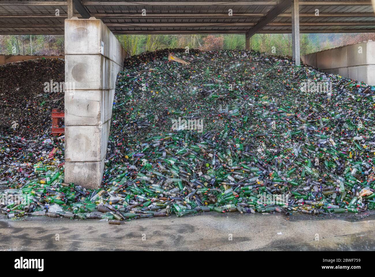 Glass waste in a recycling yard Stock Photo