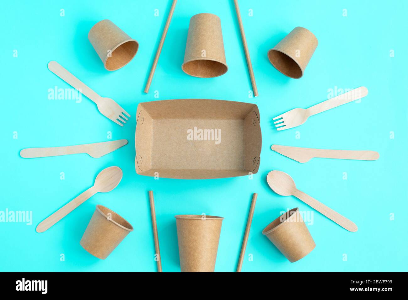 Eco friendly disposable tableware. Bamboo wooden cutlery and paper cups