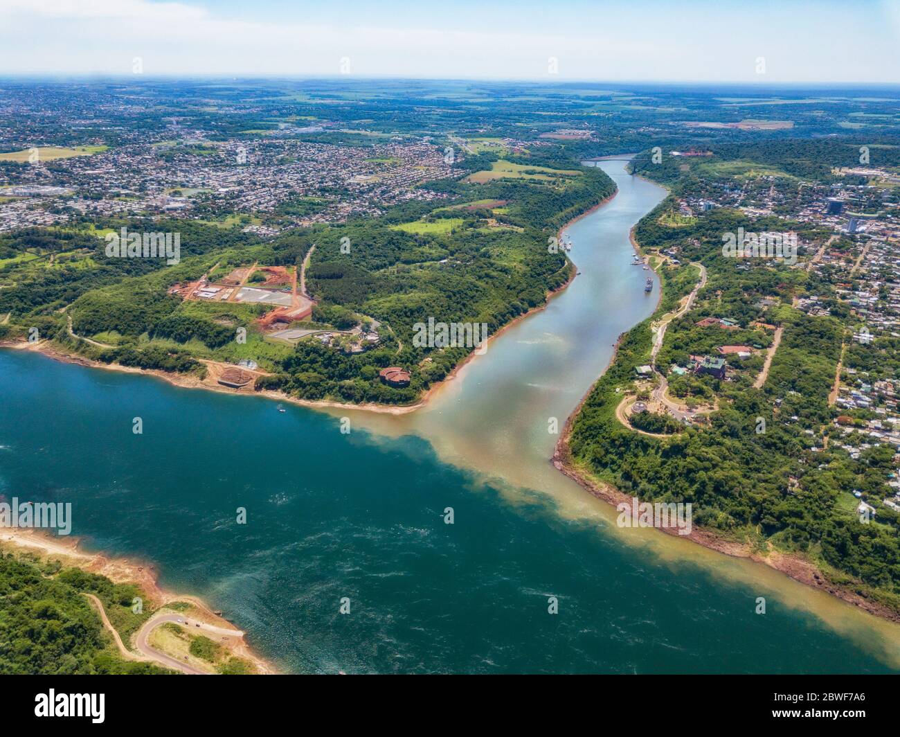 Aerial view of the landmark of the three borders (hito tres fronteras), Paraguay, Brazil and Argentina in the Paraguayan city of Presidente Franco nea Stock Photo