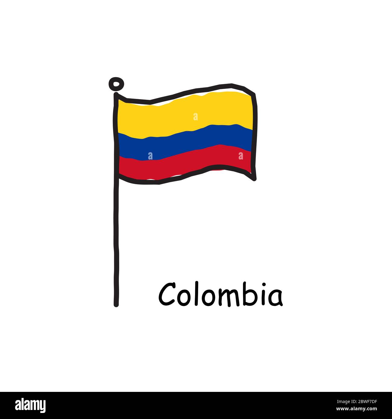hand drawn sketchy Colombia flag on the flag pole. three color flag . Stock Vector illustration isolated on white background. Stock Vector