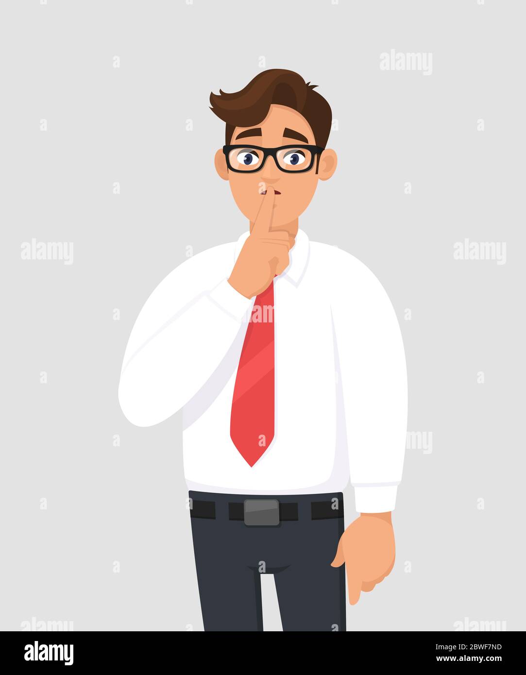 Portrait of young handsome businessman making shh gesture, keeping secret or asking silence with finger on lips. Keep quiet! Shh! Silence please! Stock Vector