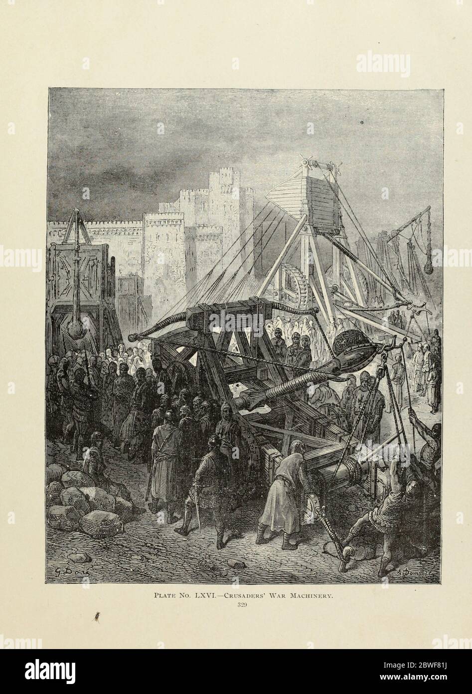 Crusaders' war machinery [Catapult] Plate LXVI from the book Story of the crusades. with a magnificent gallery of one hundred full-page engravings by the world-renowned artist, Gustave Doré [Gustave Dore] by Boyd, James P. (James Penny), 1836-1910. Published in Philadelphia 1892 Stock Photo